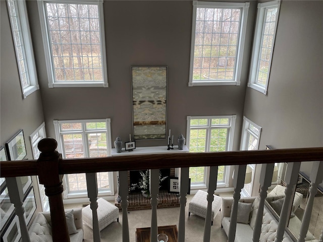 stairs with a high ceiling, carpet, and a wealth of natural light