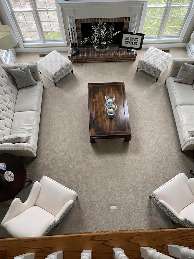 living room with a fireplace, a healthy amount of sunlight, and carpet