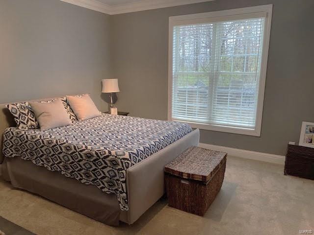 carpeted bedroom with multiple windows and ornamental molding