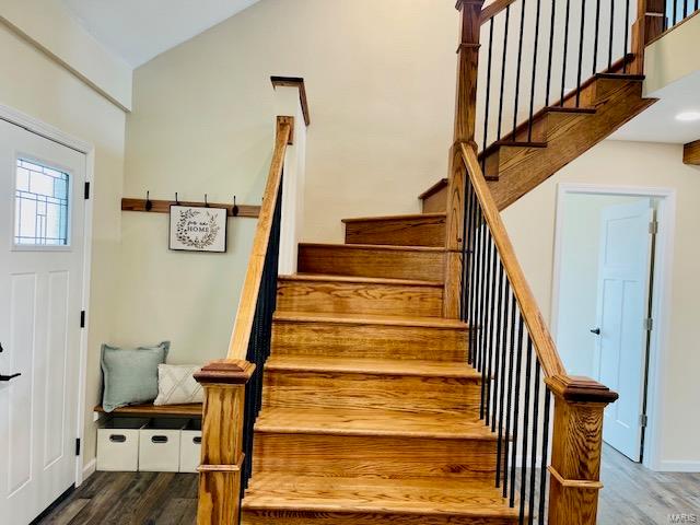 staircase featuring hardwood / wood-style flooring