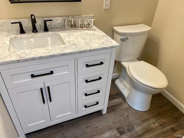 bathroom featuring toilet, wood-type flooring, and vanity