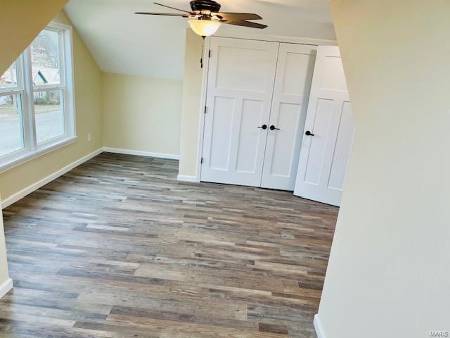 additional living space with lofted ceiling, ceiling fan, and light hardwood / wood-style flooring