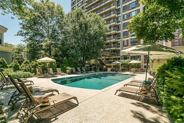 community pool with a patio