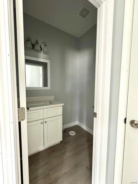 bathroom with vanity and hardwood / wood-style floors