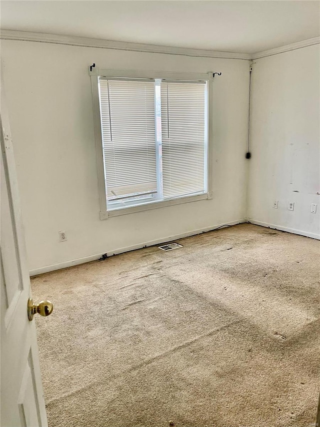 carpeted spare room with plenty of natural light and ornamental molding