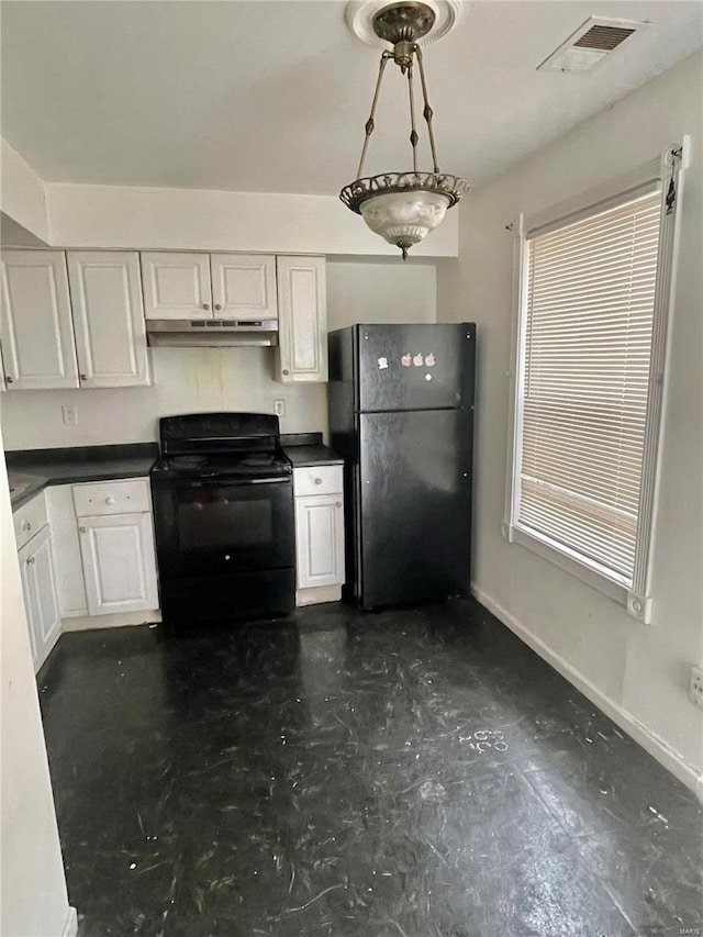 kitchen with decorative light fixtures, white cabinetry, and black appliances