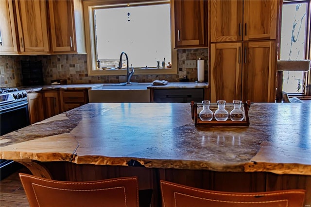 kitchen featuring decorative backsplash, black stove, sink, and a kitchen bar