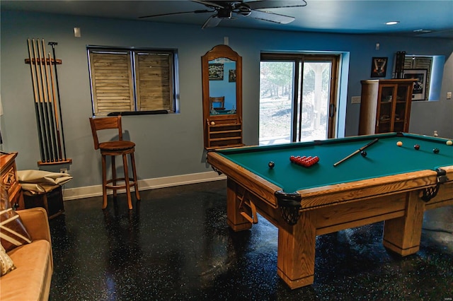 recreation room with ceiling fan and billiards