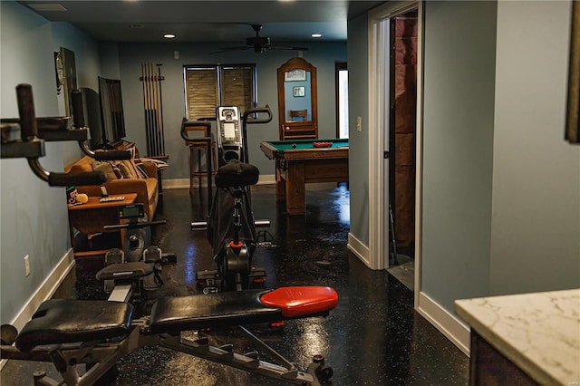 interior space featuring ceiling fan and billiards