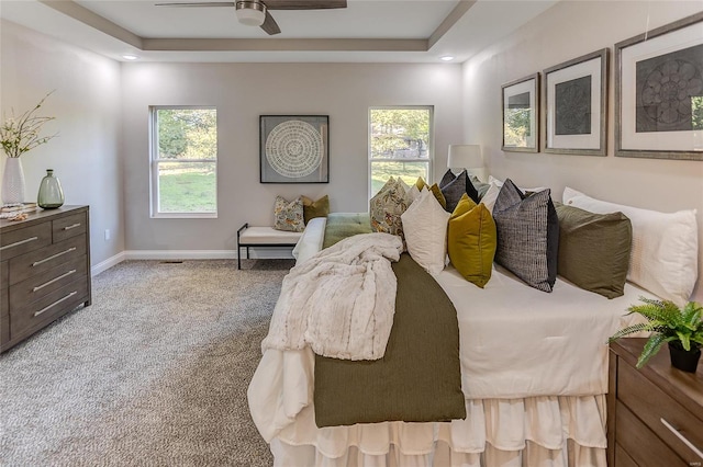 bedroom featuring multiple windows, ceiling fan, a tray ceiling, and carpet flooring