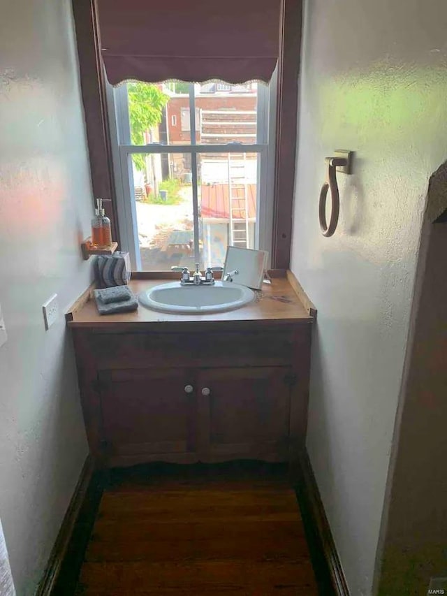 bathroom with vanity and hardwood / wood-style flooring