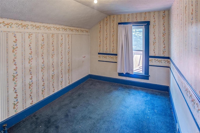 additional living space with a textured ceiling, dark carpet, a wealth of natural light, and vaulted ceiling