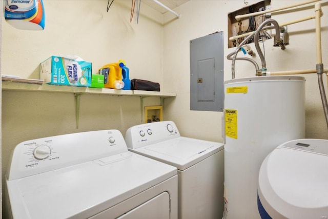 laundry room featuring electric panel, washer and clothes dryer, and gas water heater