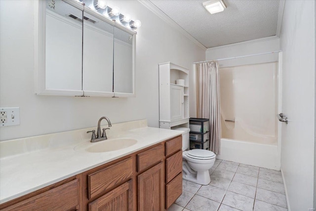 full bathroom with tile patterned flooring, crown molding, a textured ceiling, vanity, and shower / tub combo