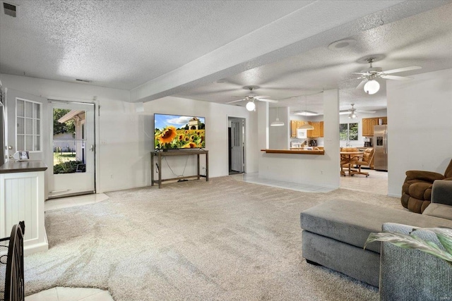 living room featuring carpet flooring and a textured ceiling