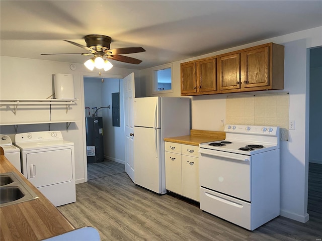 kitchen featuring water heater, ceiling fan, white appliances, and light wood-type flooring