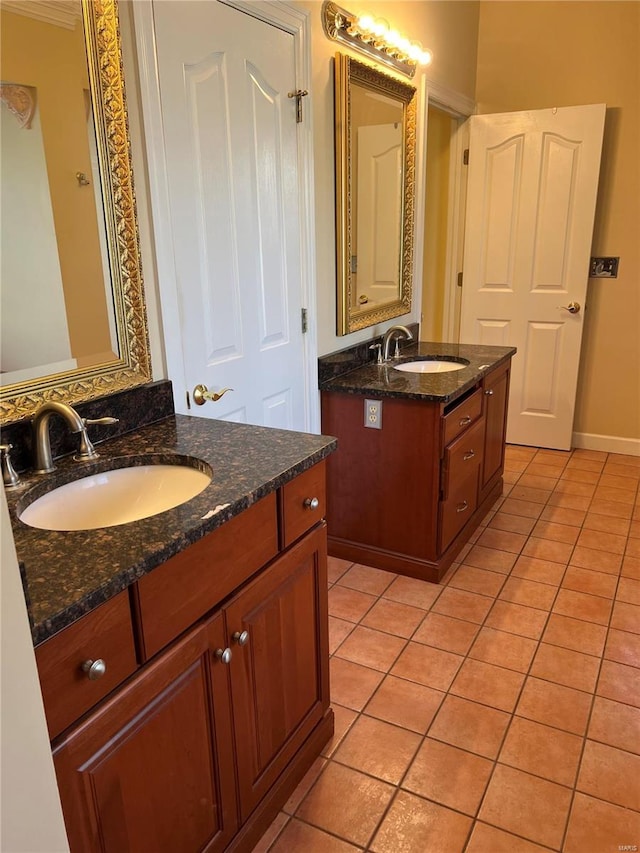 bathroom featuring dual bowl vanity, crown molding, and tile flooring