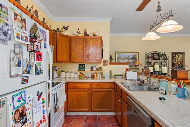 kitchen featuring tile patterned floors, pendant lighting, white appliances, and crown molding