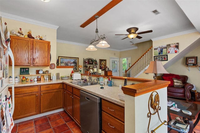 kitchen featuring decorative light fixtures, sink, kitchen peninsula, ceiling fan, and stainless steel dishwasher