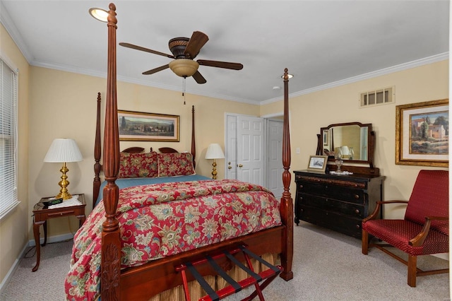 bedroom with light carpet, crown molding, and ceiling fan