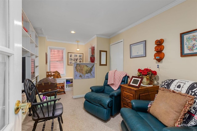 living area with crown molding and light carpet