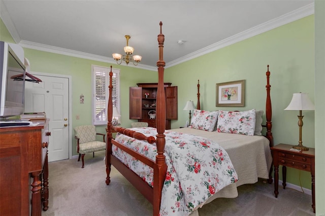 carpeted bedroom with ornamental molding and a chandelier