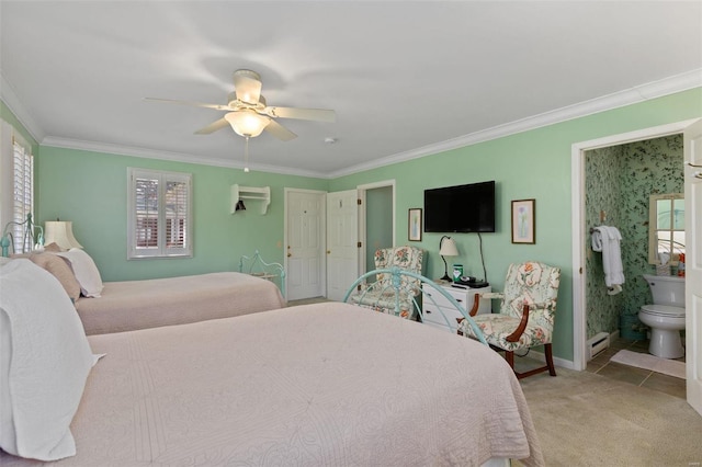 carpeted bedroom featuring a baseboard radiator, ceiling fan, ornamental molding, and ensuite bath