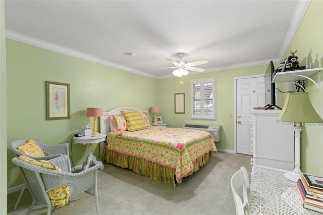 bedroom featuring ornamental molding, a wall unit AC, ceiling fan, and carpet flooring