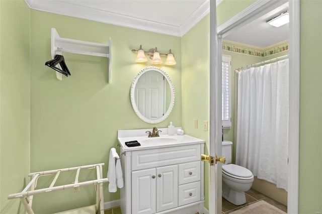 full bathroom with toilet, tile patterned flooring, ornamental molding, vanity, and shower / tub combo