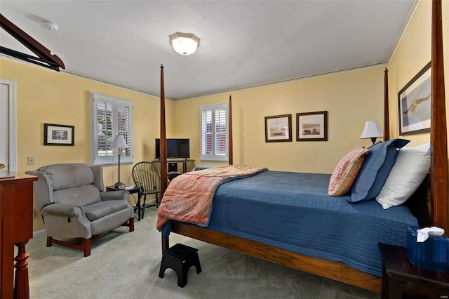 bedroom featuring crown molding and carpet