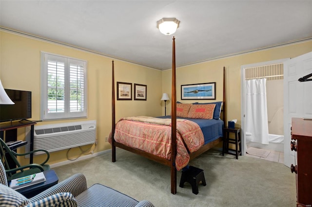 carpeted bedroom featuring a wall mounted AC and ornamental molding