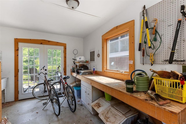 home office with a workshop area