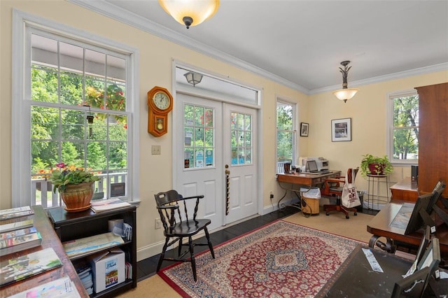 foyer with a wealth of natural light, dark hardwood / wood-style floors, and ornamental molding