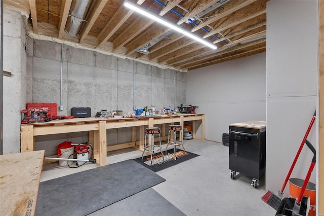 basement with a workshop area