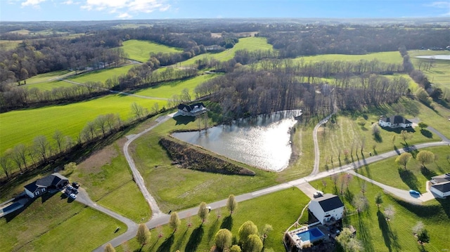 birds eye view of property featuring a water view and a rural view