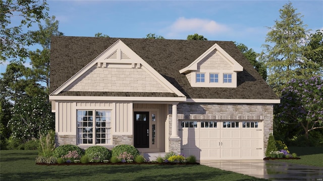 view of front facade with driveway, a front lawn, a garage, stone siding, and board and batten siding