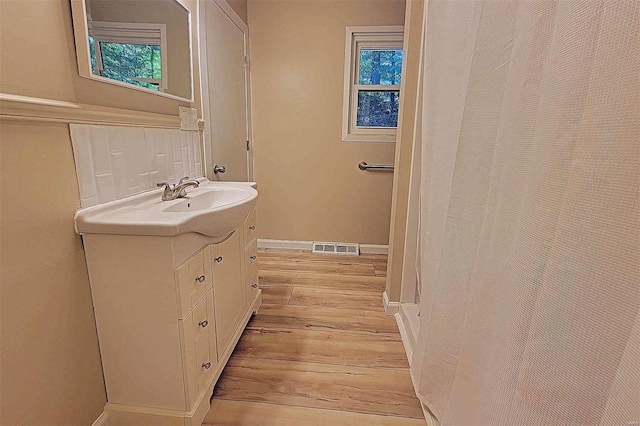 bathroom featuring vanity, curtained shower, and wood-type flooring