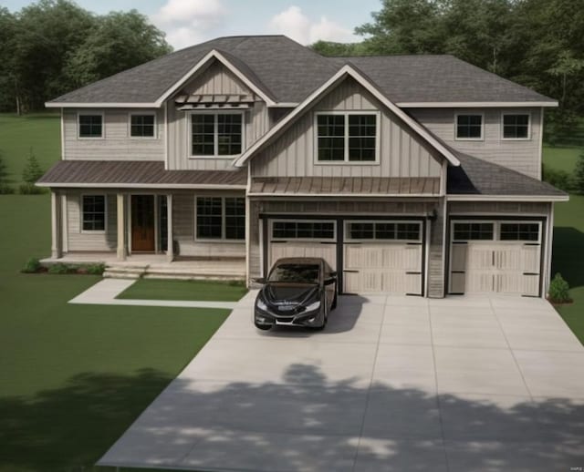 craftsman house with covered porch, a front yard, and a garage