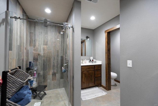 bathroom with an enclosed shower, vanity, toilet, and tile flooring