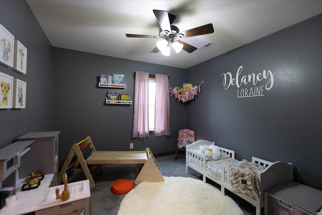 carpeted bedroom featuring ceiling fan