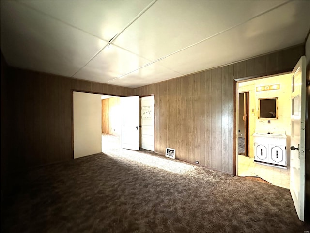 empty room featuring wood walls, sink, and carpet flooring