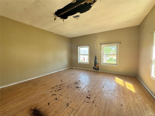 empty room with a textured ceiling and light hardwood / wood-style flooring