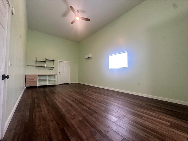 unfurnished living room featuring ceiling fan, high vaulted ceiling, and dark wood-type flooring