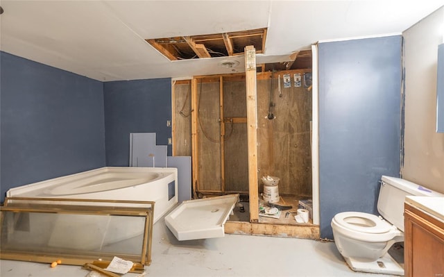 bathroom with toilet, a bathing tub, and vanity