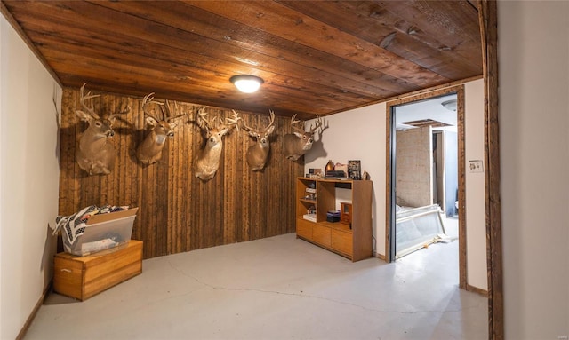 basement with wooden walls and wood ceiling