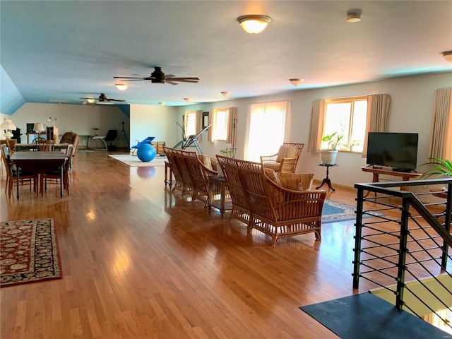 dining area featuring hardwood / wood-style flooring, ceiling fan, and lofted ceiling