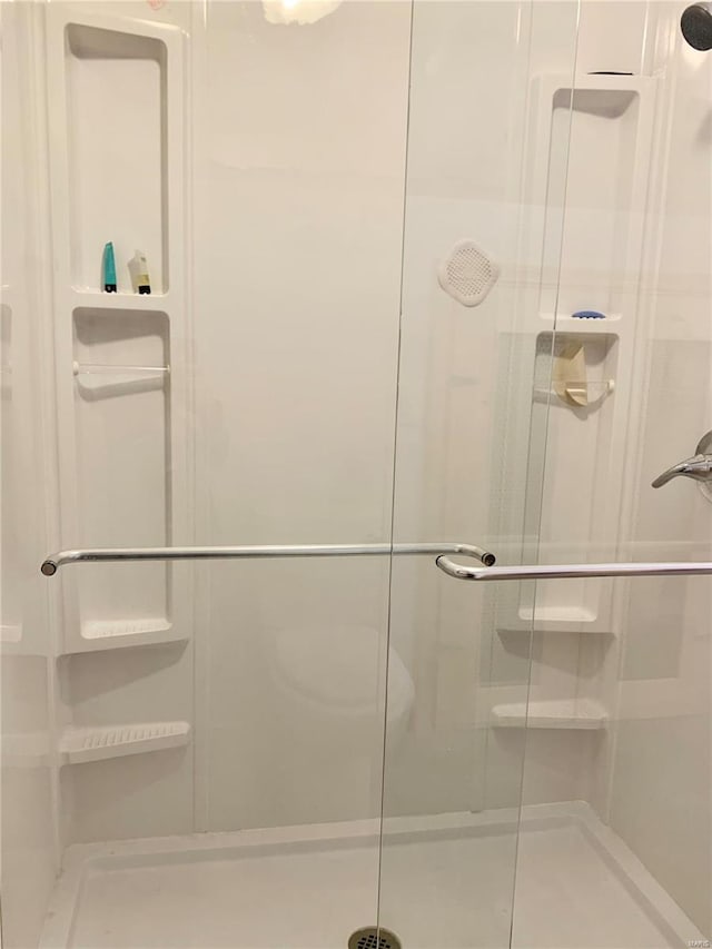 bathroom with a shower with shower door