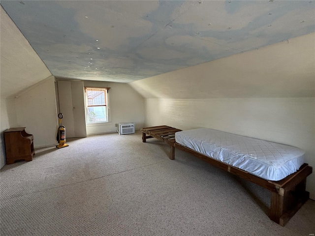 carpeted bedroom featuring lofted ceiling and pool table