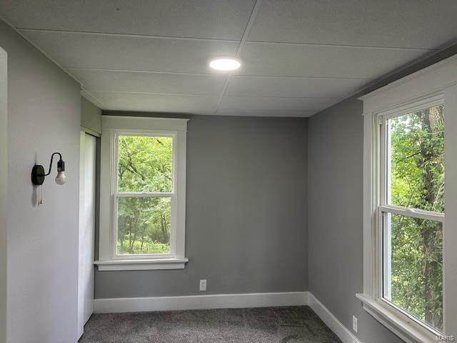 unfurnished room featuring carpet and a drop ceiling