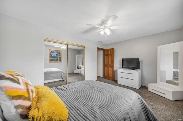 bedroom with ceiling fan, a closet, and dark carpet